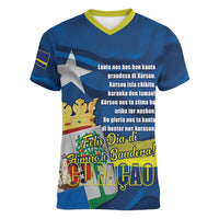 Personalized Curacao Flag Day Women V-Neck T-Shirt Felis Dia di Himno i Bandera