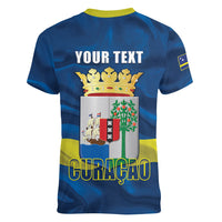 Personalized Curacao Flag Day Women V-Neck T-Shirt Felis Dia di Himno i Bandera