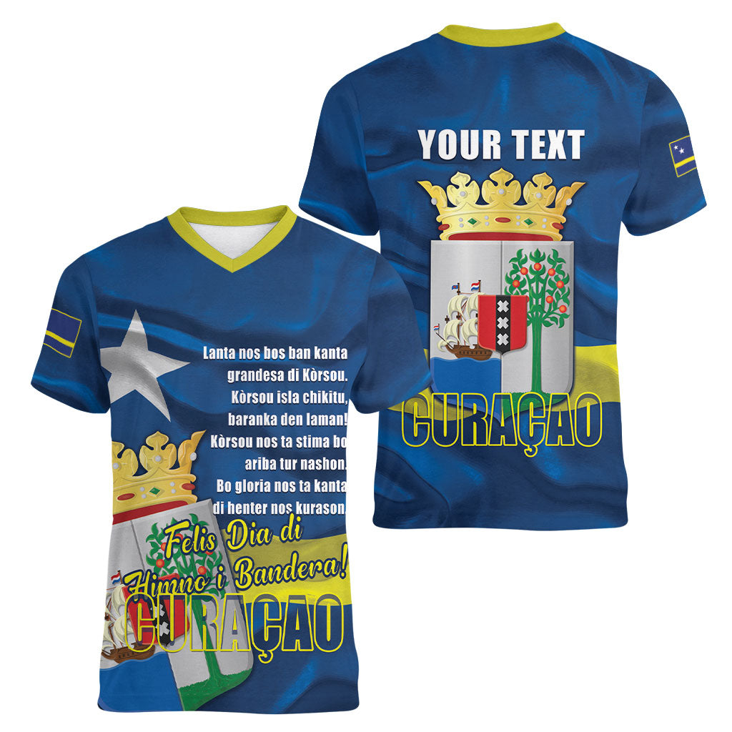 Personalized Curacao Flag Day Women V-Neck T-Shirt Felis Dia di Himno i Bandera