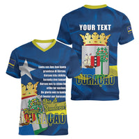 Personalized Curacao Flag Day Women V-Neck T-Shirt Felis Dia di Himno i Bandera