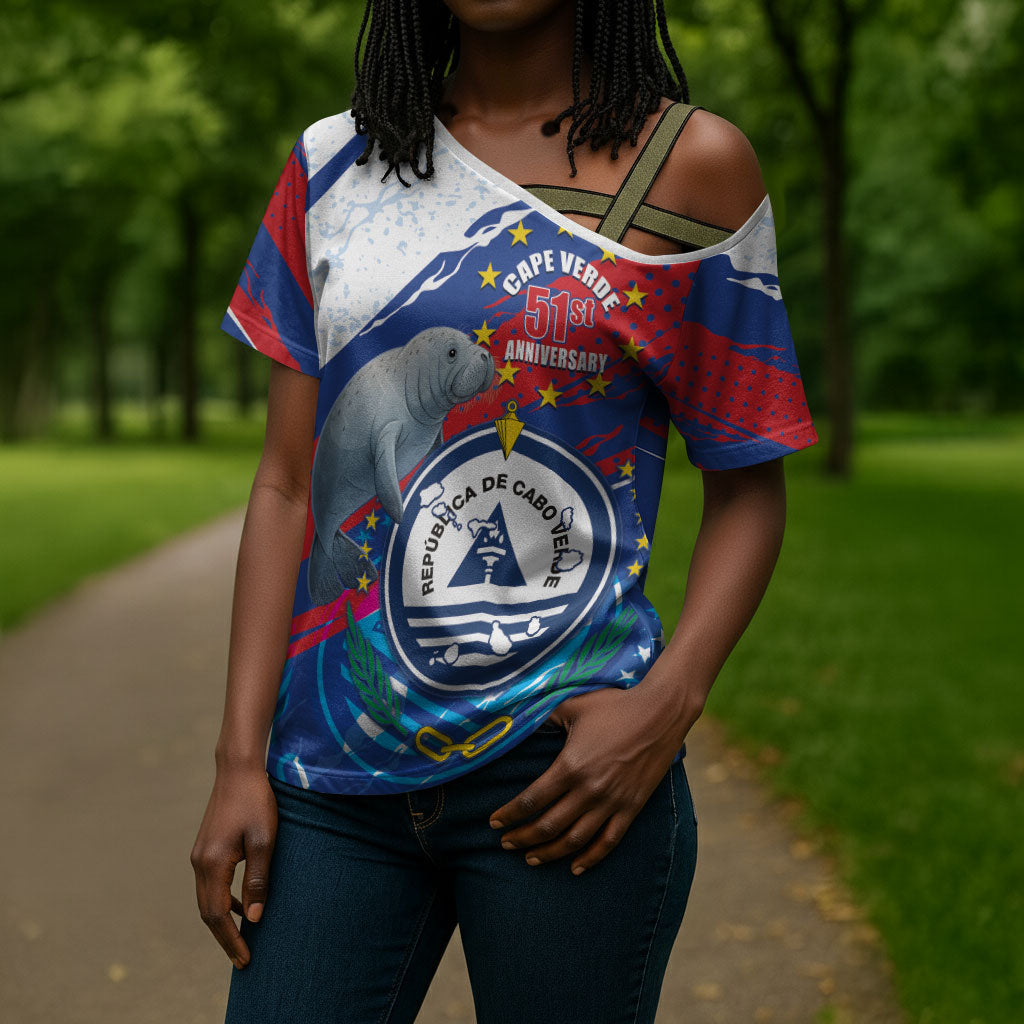 Personalized Cape Verde Independence Day Cross Shoulder Shirt 51st Anniversary Manatee Coat Of Arms