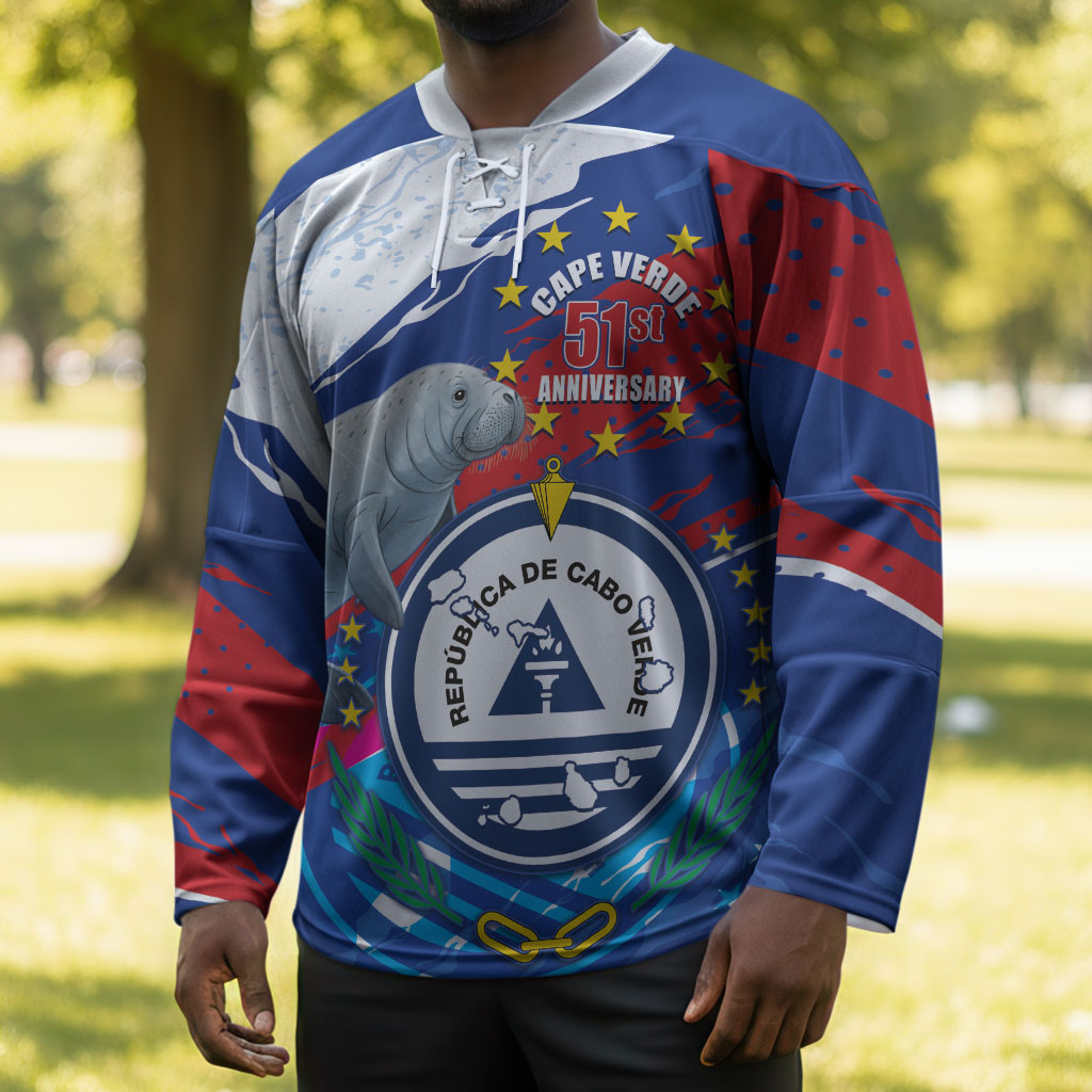 Personalized Cape Verde Independence Day Hockey Jersey 51st Anniversary Manatee Coat Of Arms