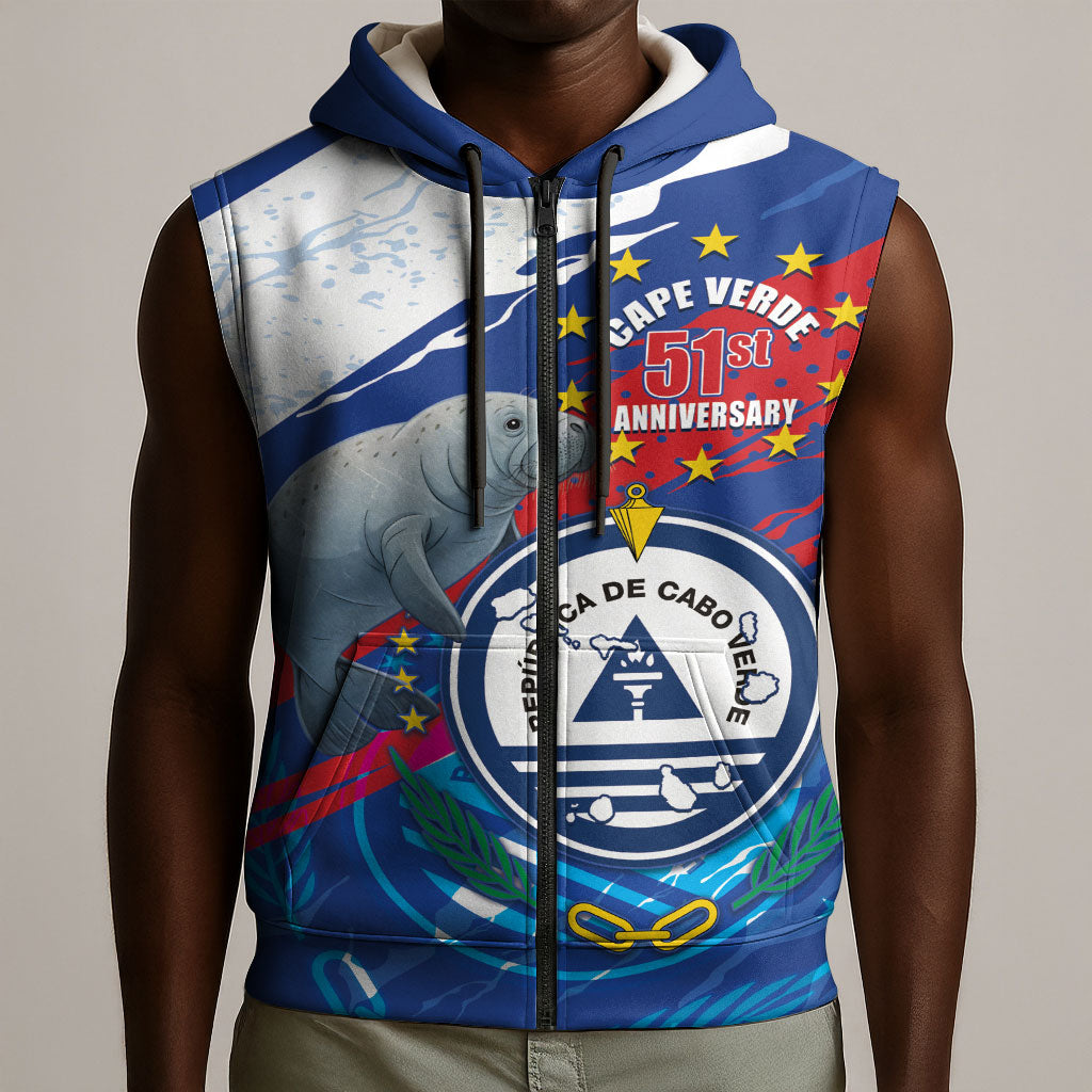 Personalized Cape Verde Independence Day Sleeveless Zip Hoodie 51st Anniversary Manatee Coat Of Arms