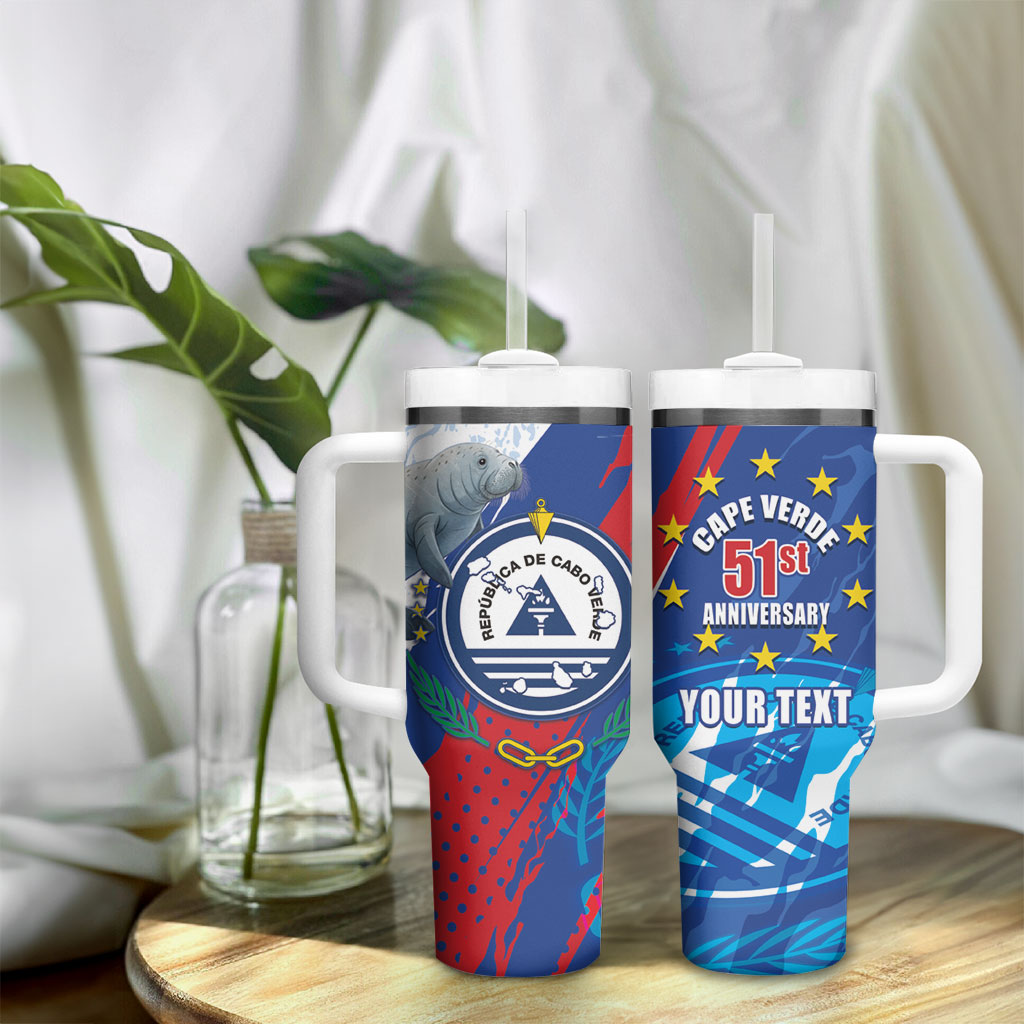Personalized Cape Verde Independence Day Tumbler With Handle 51st Anniversary Manatee Coat Of Arms