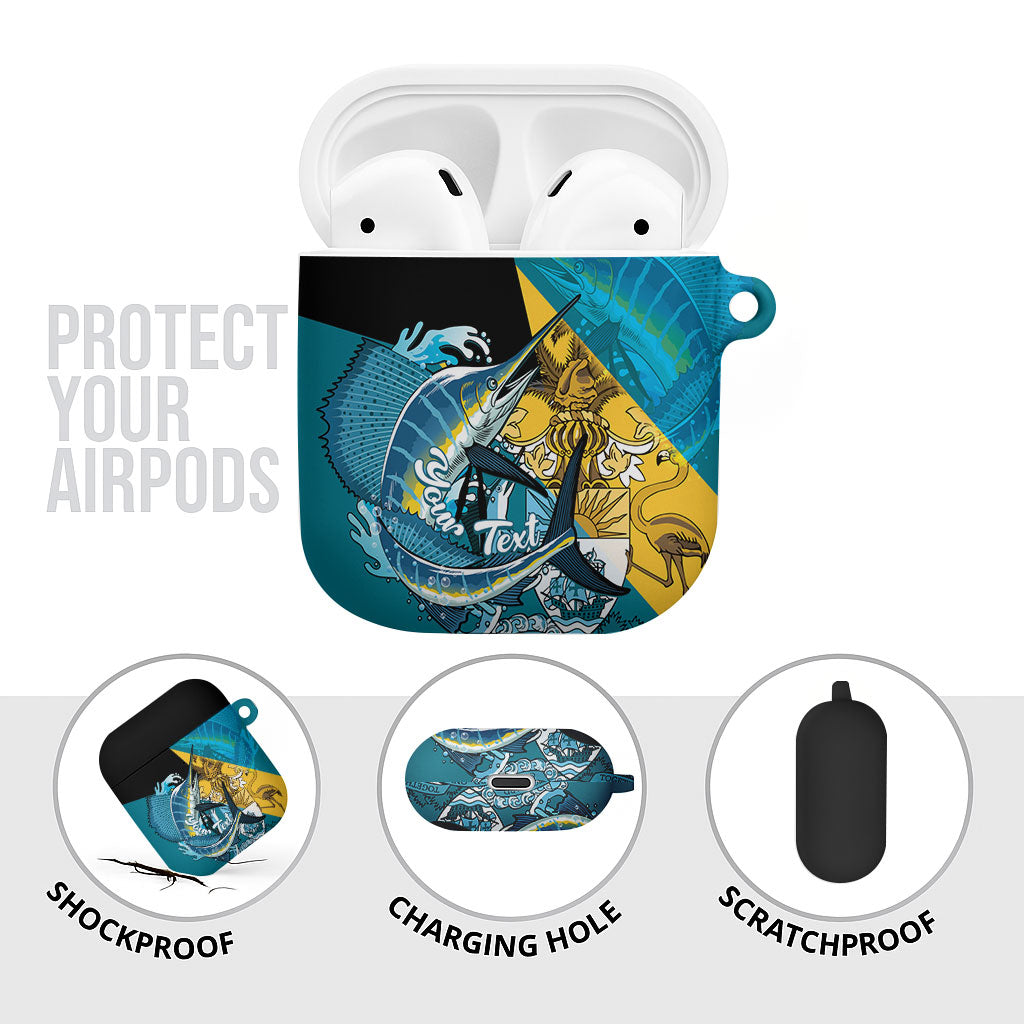 Personalized Bahamas Independence Day AirPods Case Happy 10 July Blue Marlin Coat Of Arms