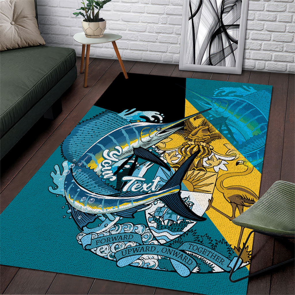 Personalized Bahamas Independence Day Area Rug Happy 10 July Blue Marlin Coat Of Arms