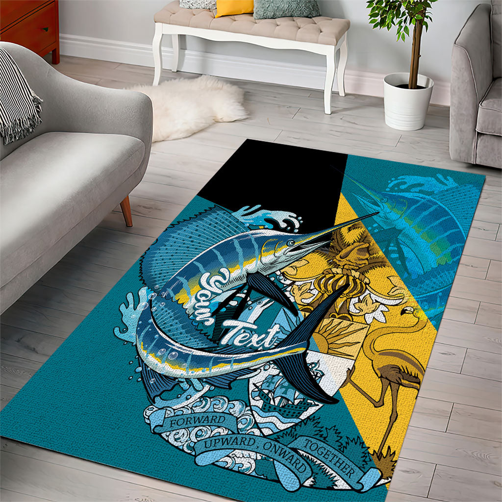 Personalized Bahamas Independence Day Area Rug Happy 10 July Blue Marlin Coat Of Arms
