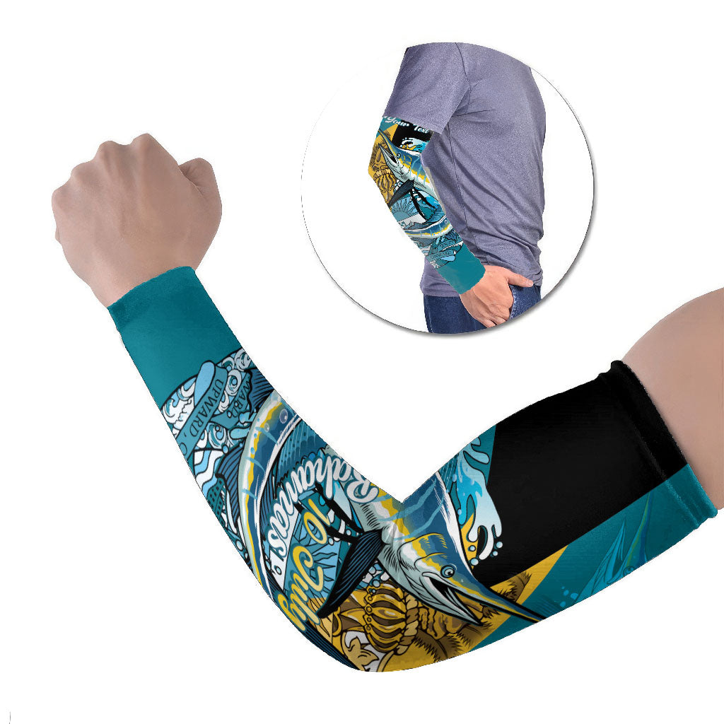 Personalized Bahamas Independence Day Arm Sleeves Happy 10 July Blue Marlin Coat Of Arms