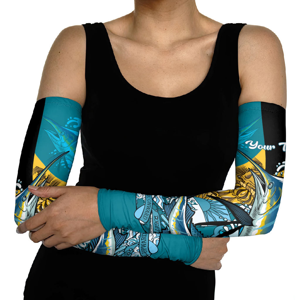 Personalized Bahamas Independence Day Arm Sleeves Happy 10 July Blue Marlin Coat Of Arms