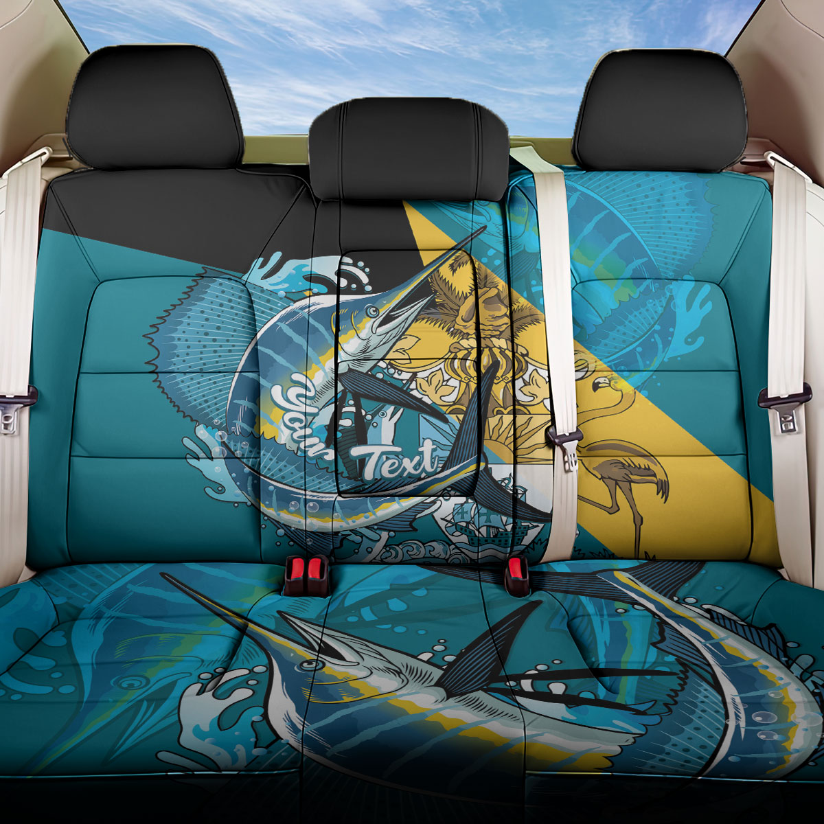 Personalized Bahamas Independence Day Back Car Seat Cover Happy 10 July Blue Marlin Coat Of Arms