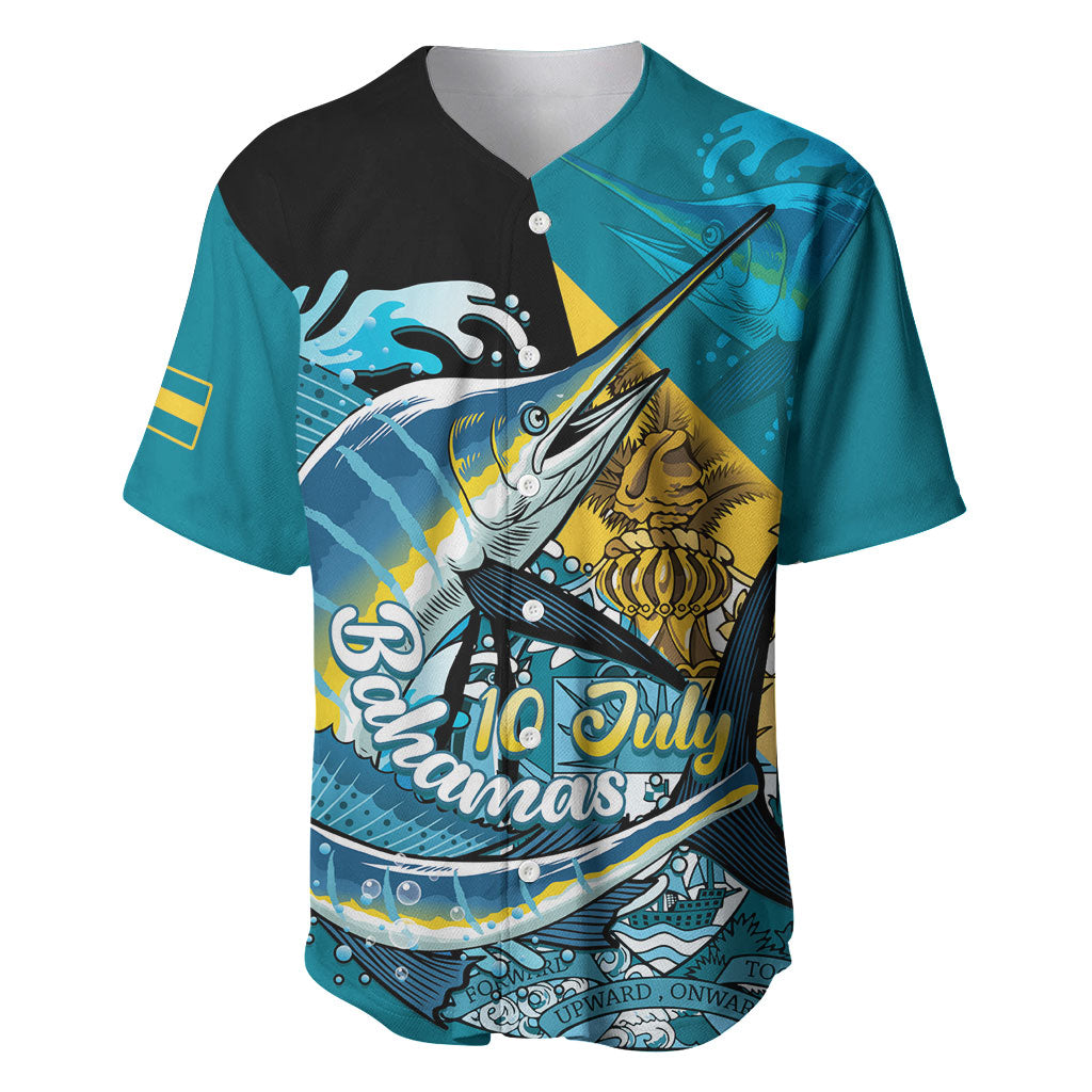 Personalized Bahamas Independence Day Baseball Jersey Happy 10 July Blue Marlin Coat Of Arms