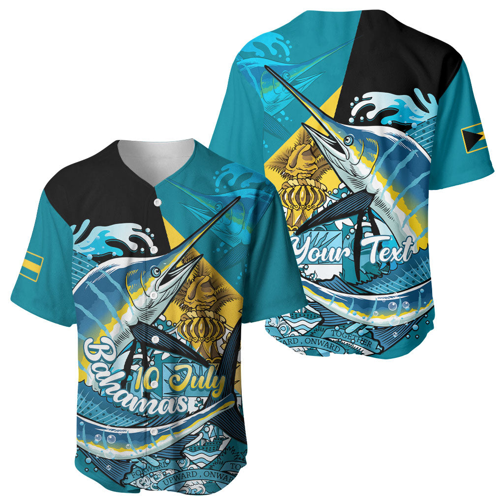 Personalized Bahamas Independence Day Baseball Jersey Happy 10 July Blue Marlin Coat Of Arms