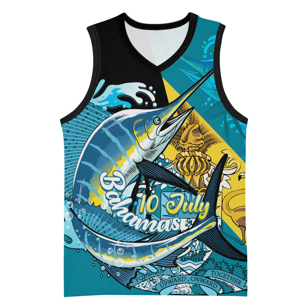 Personalized Bahamas Independence Day Basketball Jersey Happy 10 July Blue Marlin Coat Of Arms