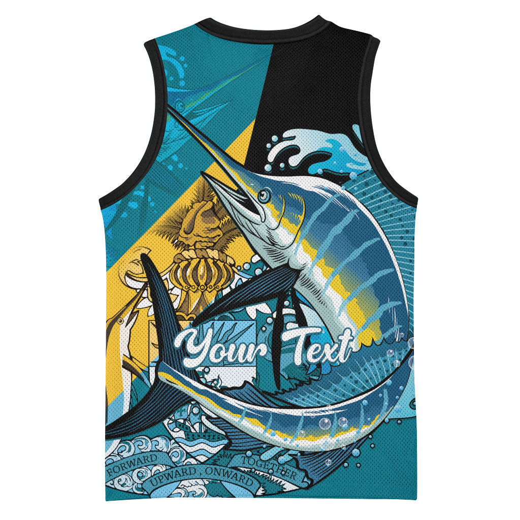 Personalized Bahamas Independence Day Basketball Jersey Happy 10 July Blue Marlin Coat Of Arms