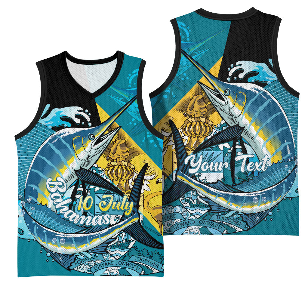 Personalized Bahamas Independence Day Basketball Jersey Happy 10 July Blue Marlin Coat Of Arms