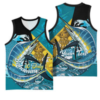 Personalized Bahamas Independence Day Basketball Jersey Happy 10 July Blue Marlin Coat Of Arms