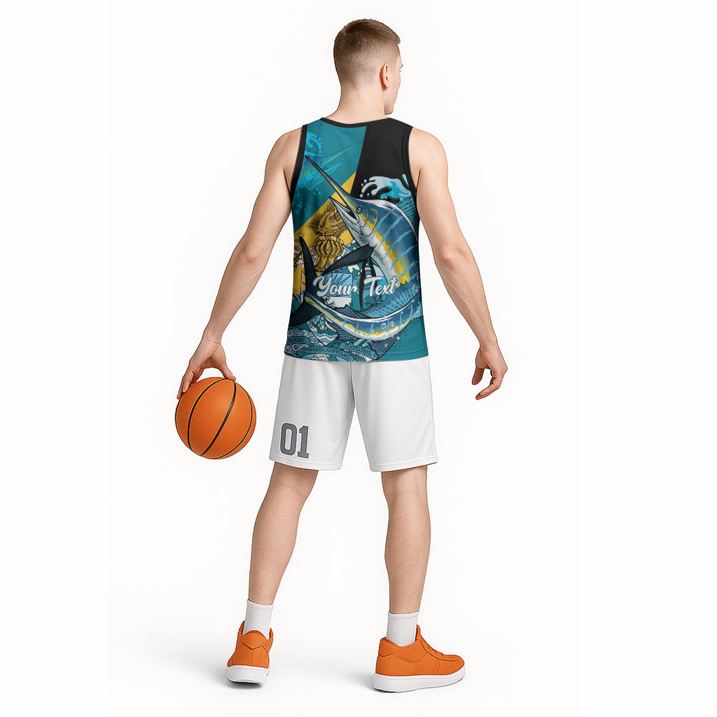Personalized Bahamas Independence Day Basketball Jersey Happy 10 July Blue Marlin Coat Of Arms