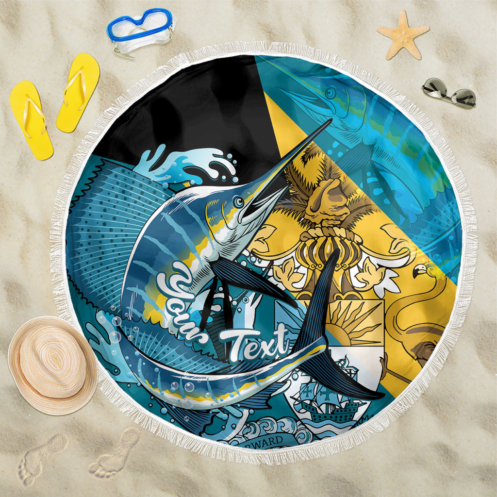 Personalized Bahamas Independence Day Beach Blanket Happy 10 July Blue Marlin Coat Of Arms