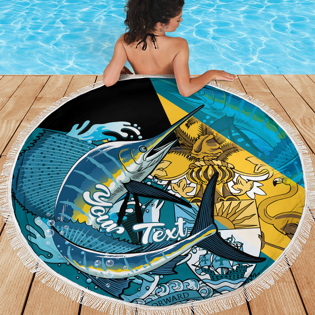 Personalized Bahamas Independence Day Beach Blanket Happy 10 July Blue Marlin Coat Of Arms