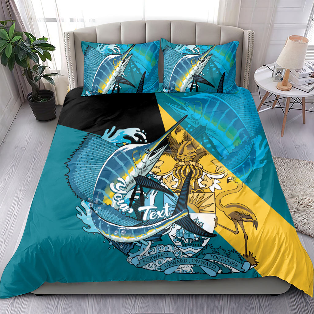 Personalized Bahamas Independence Day Bedding Set Happy 10 July Blue Marlin Coat Of Arms