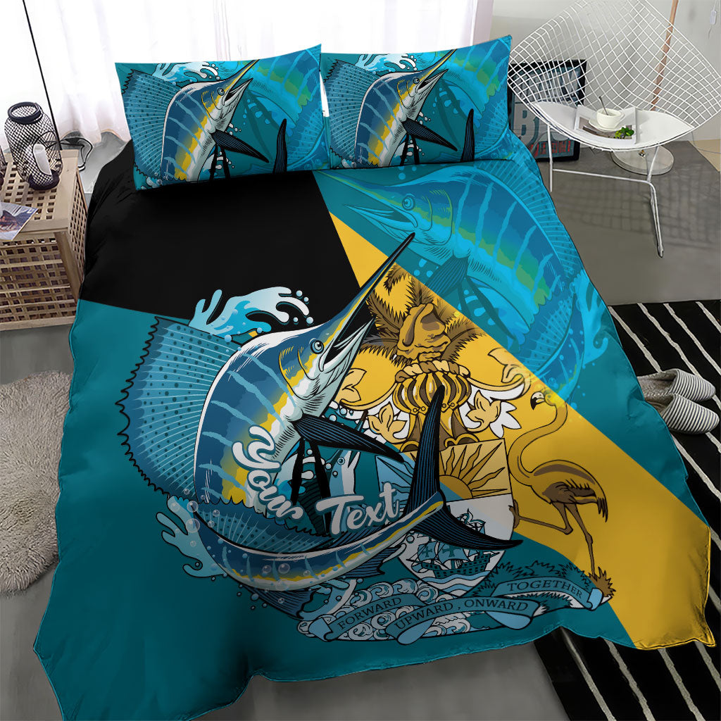 Personalized Bahamas Independence Day Bedding Set Happy 10 July Blue Marlin Coat Of Arms