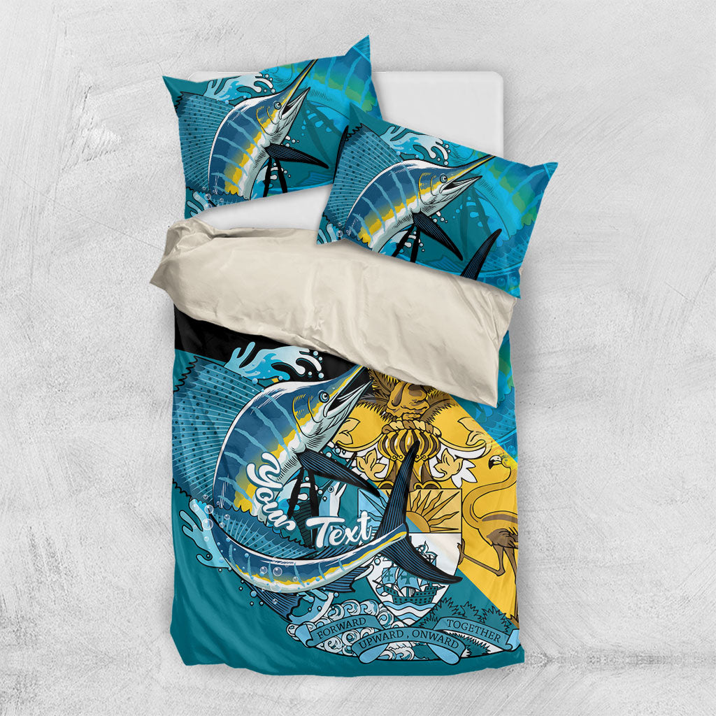 Personalized Bahamas Independence Day Bedding Set Happy 10 July Blue Marlin Coat Of Arms