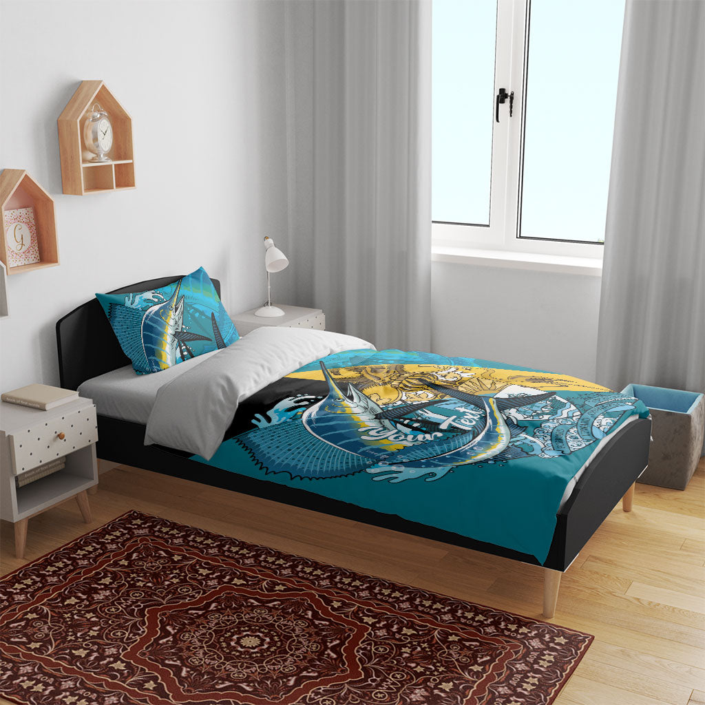 Personalized Bahamas Independence Day Bedding Set Happy 10 July Blue Marlin Coat Of Arms