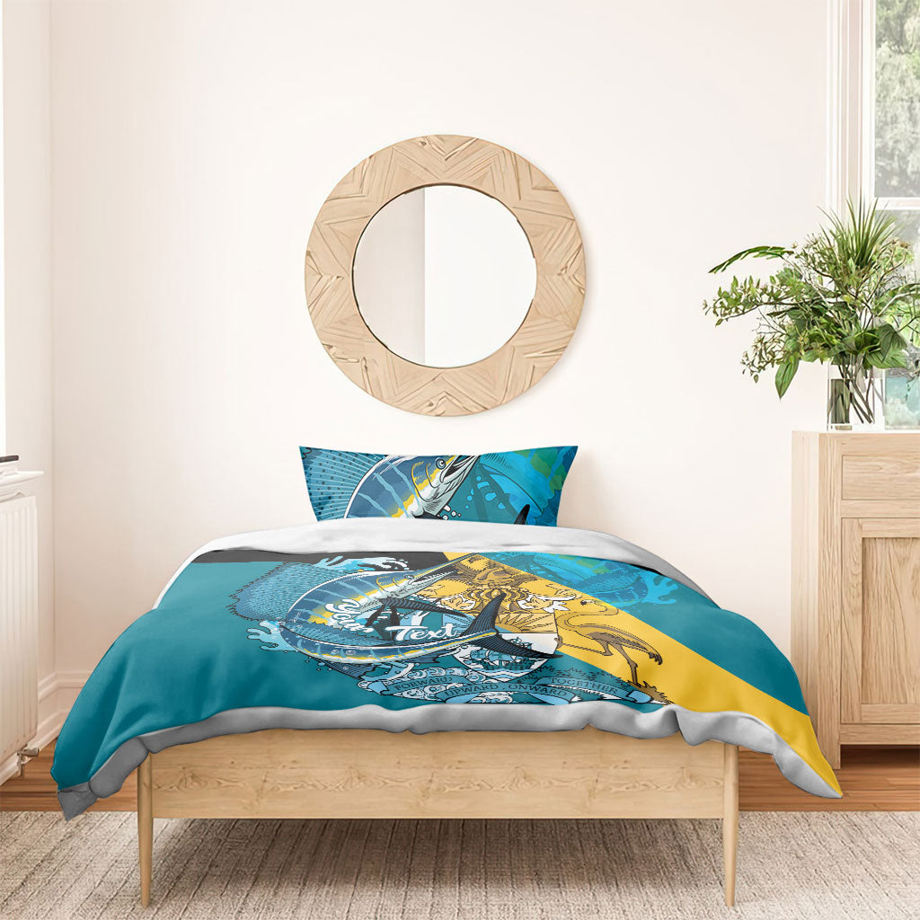 Personalized Bahamas Independence Day Bedding Set Happy 10 July Blue Marlin Coat Of Arms