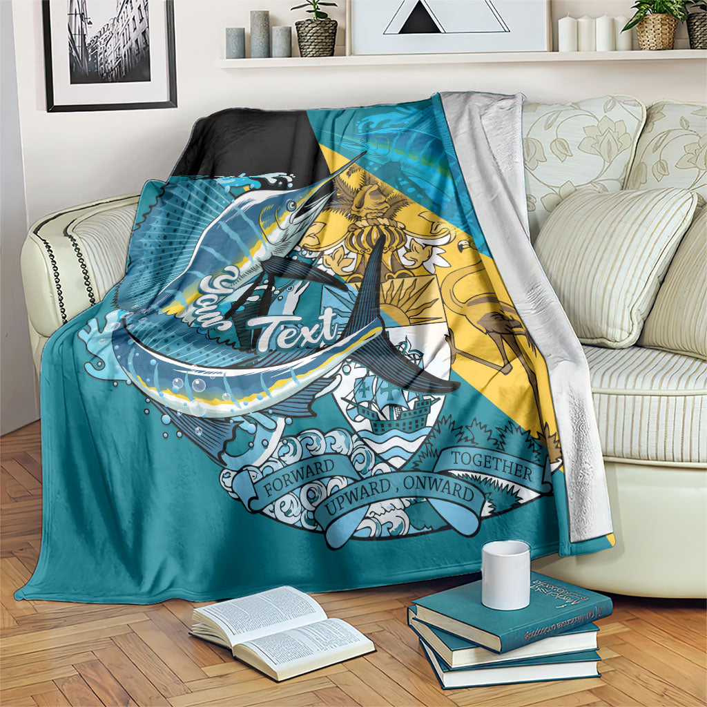 Personalized Bahamas Independence Day Blanket Happy 10 July Blue Marlin Coat Of Arms