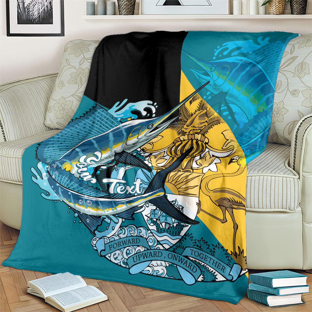 Personalized Bahamas Independence Day Blanket Happy 10 July Blue Marlin Coat Of Arms