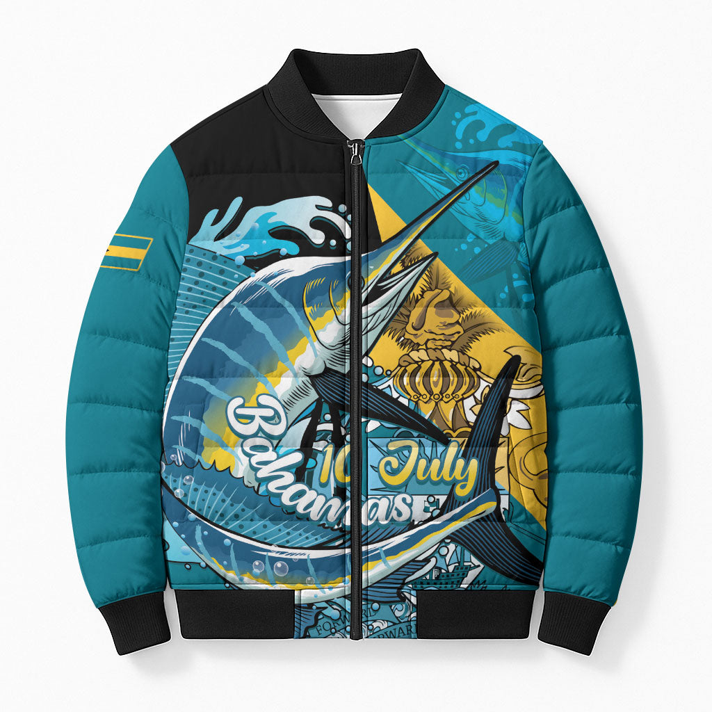 Personalized Bahamas Independence Day Bomber Puffer Jacket Happy 10 July Blue Marlin Coat Of Arms