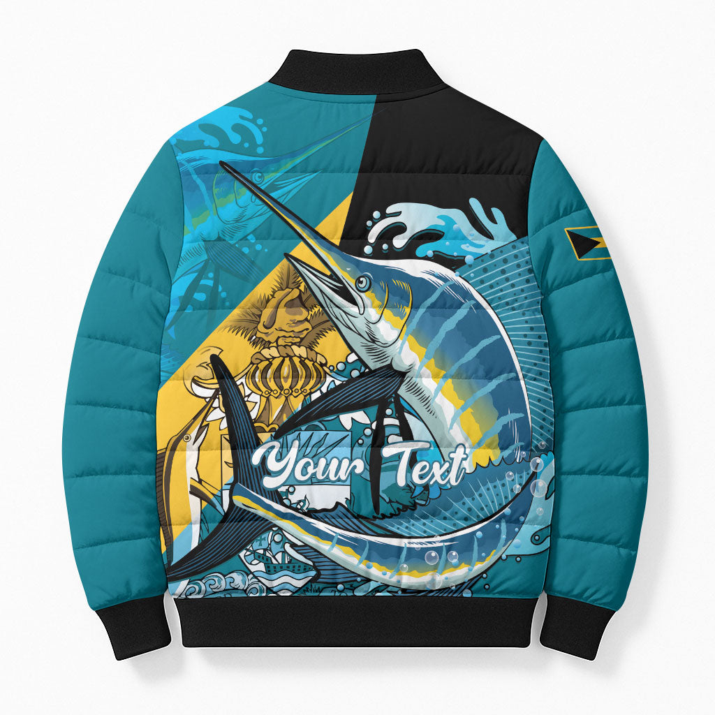 Personalized Bahamas Independence Day Bomber Puffer Jacket Happy 10 July Blue Marlin Coat Of Arms