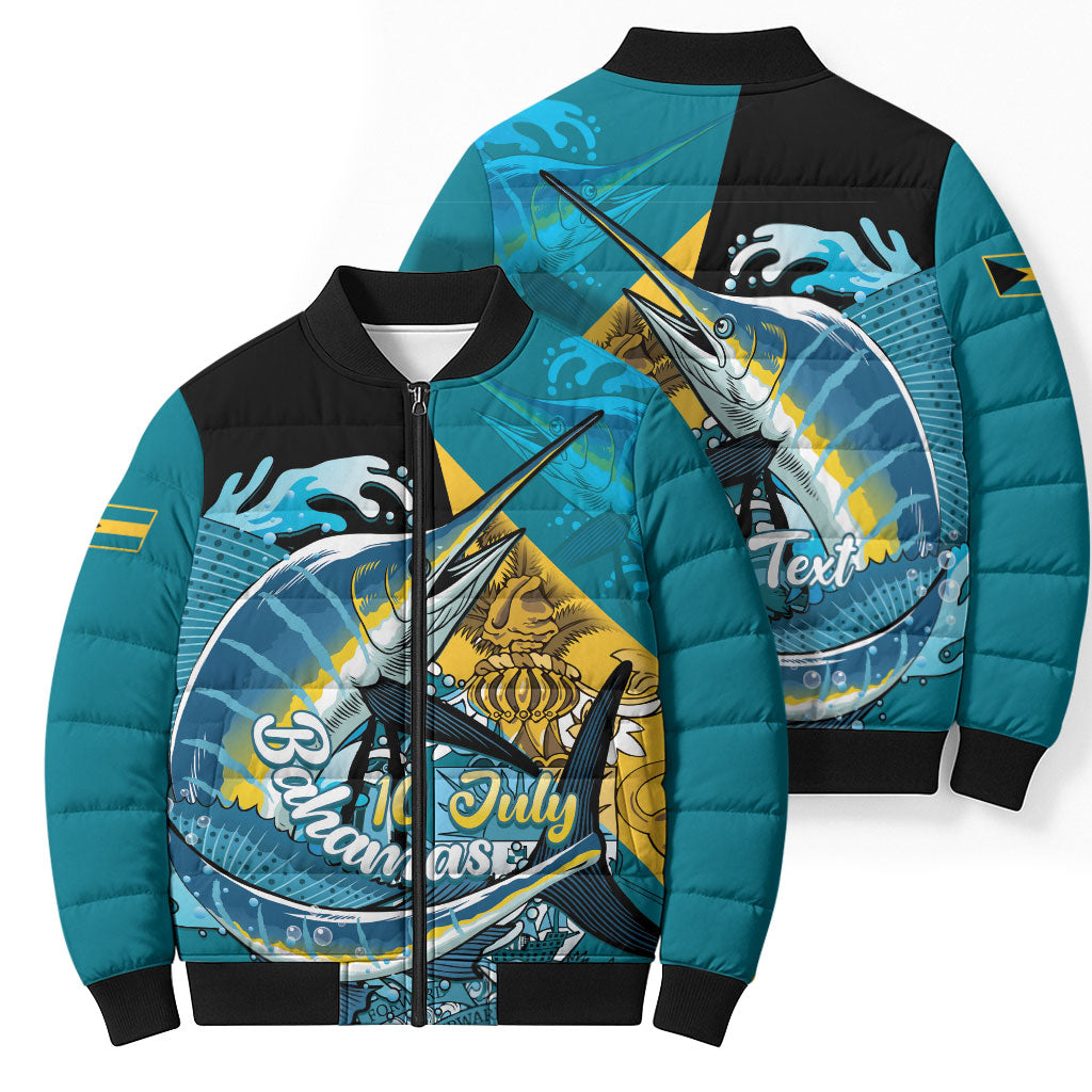 Personalized Bahamas Independence Day Bomber Puffer Jacket Happy 10 July Blue Marlin Coat Of Arms