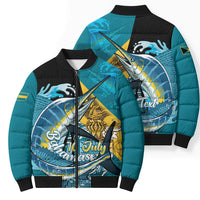 Personalized Bahamas Independence Day Bomber Puffer Jacket Happy 10 July Blue Marlin Coat Of Arms