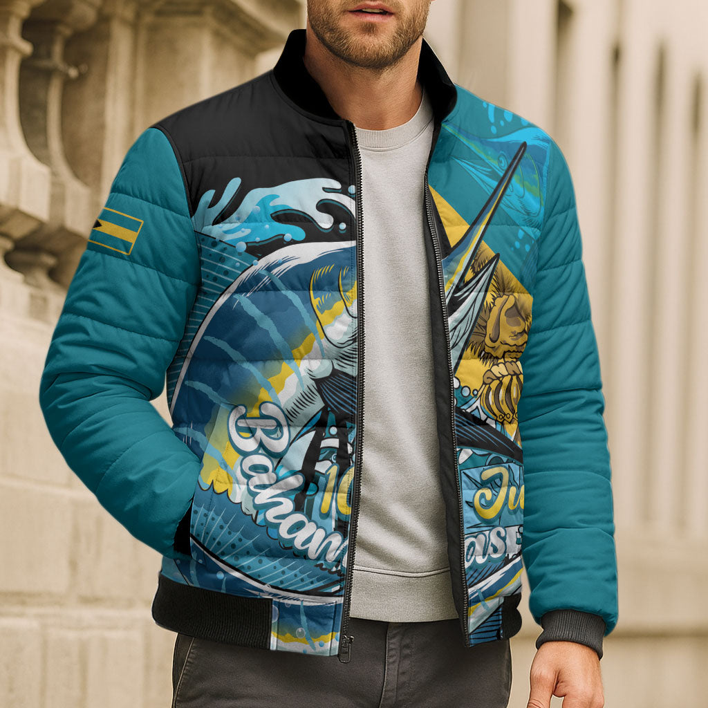 Personalized Bahamas Independence Day Bomber Puffer Jacket Happy 10 July Blue Marlin Coat Of Arms