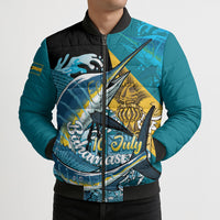 Personalized Bahamas Independence Day Bomber Puffer Jacket Happy 10 July Blue Marlin Coat Of Arms