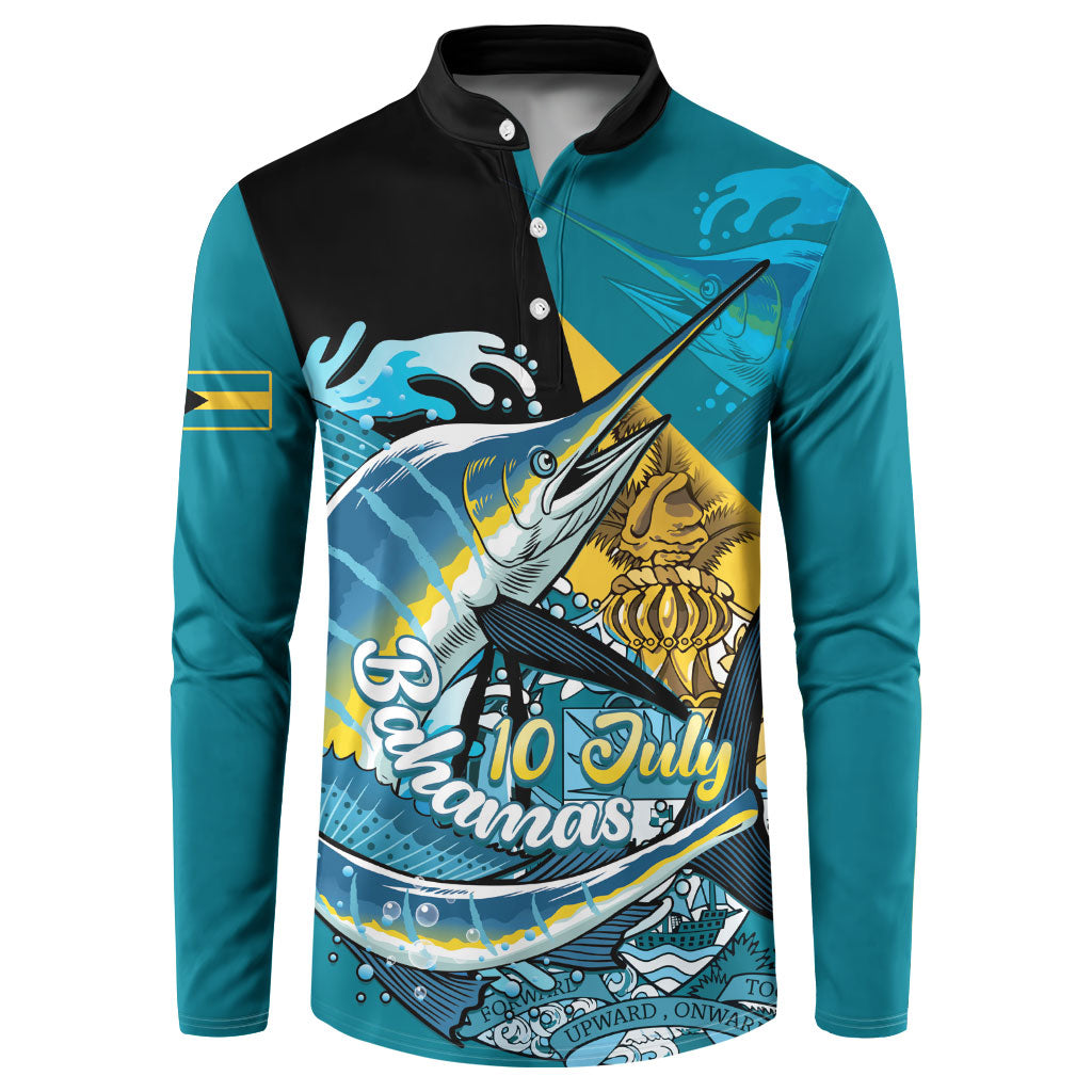Personalized Bahamas Independence Day Button Sweatshirt Happy 10 July Blue Marlin Coat Of Arms