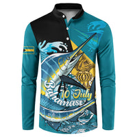 Personalized Bahamas Independence Day Button Sweatshirt Happy 10 July Blue Marlin Coat Of Arms