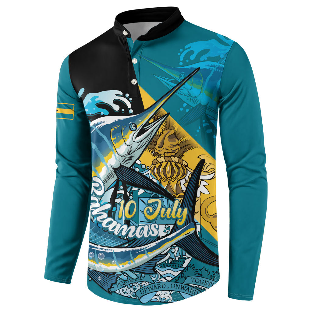 Personalized Bahamas Independence Day Button Sweatshirt Happy 10 July Blue Marlin Coat Of Arms