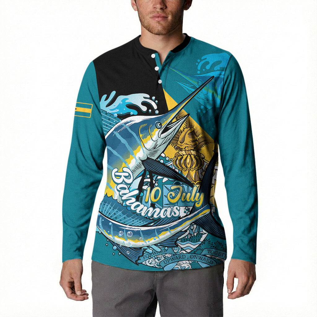 Personalized Bahamas Independence Day Button Sweatshirt Happy 10 July Blue Marlin Coat Of Arms