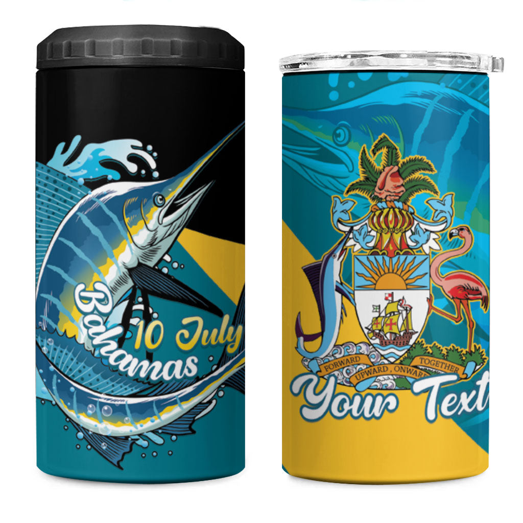 Personalized Bahamas Independence Day 4 in 1 Can Cooler Tumbler Happy 10 July Blue Marlin Coat Of Arms