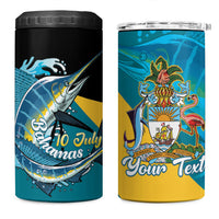 Personalized Bahamas Independence Day 4 in 1 Can Cooler Tumbler Happy 10 July Blue Marlin Coat Of Arms