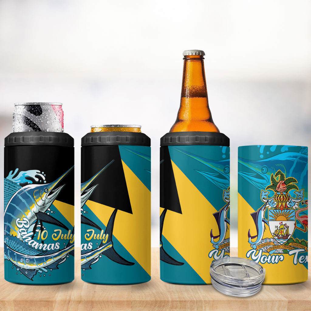 Personalized Bahamas Independence Day 4 in 1 Can Cooler Tumbler Happy 10 July Blue Marlin Coat Of Arms