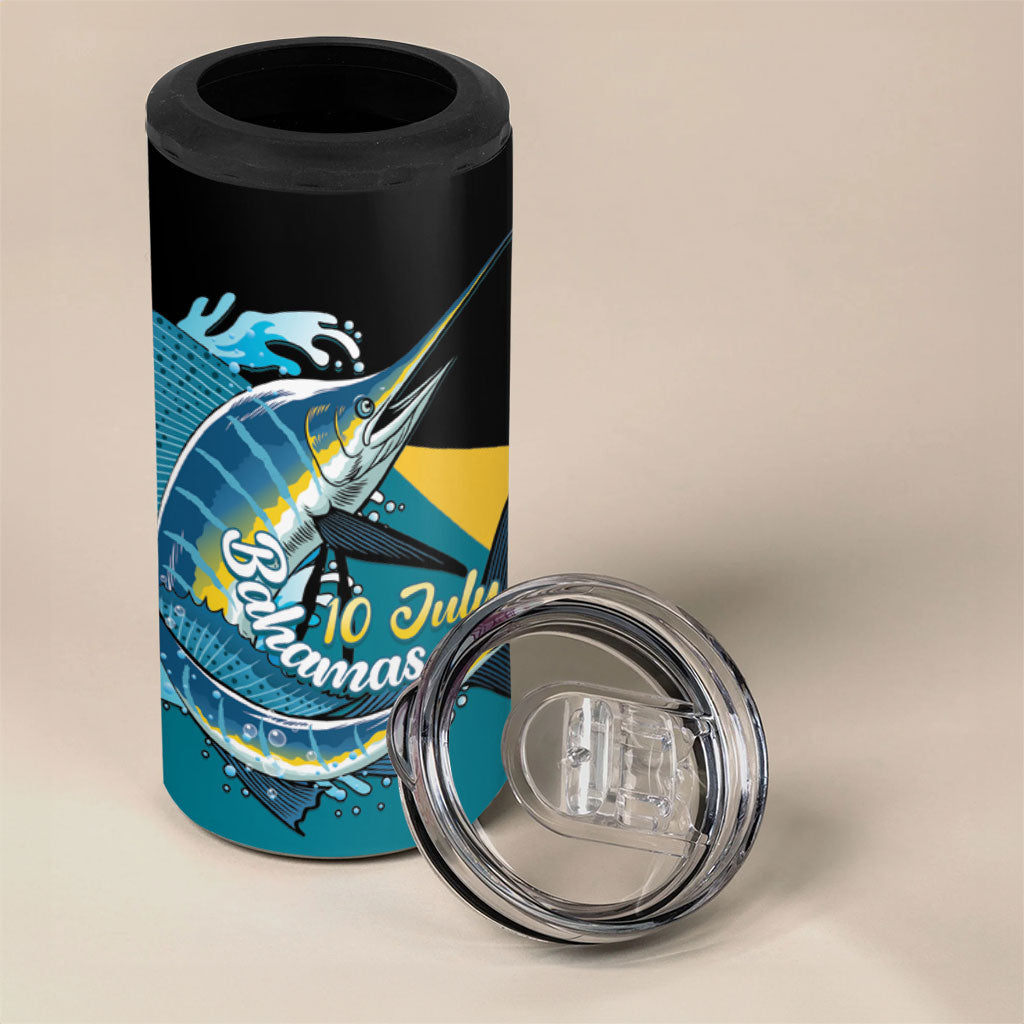 Personalized Bahamas Independence Day 4 in 1 Can Cooler Tumbler Happy 10 July Blue Marlin Coat Of Arms