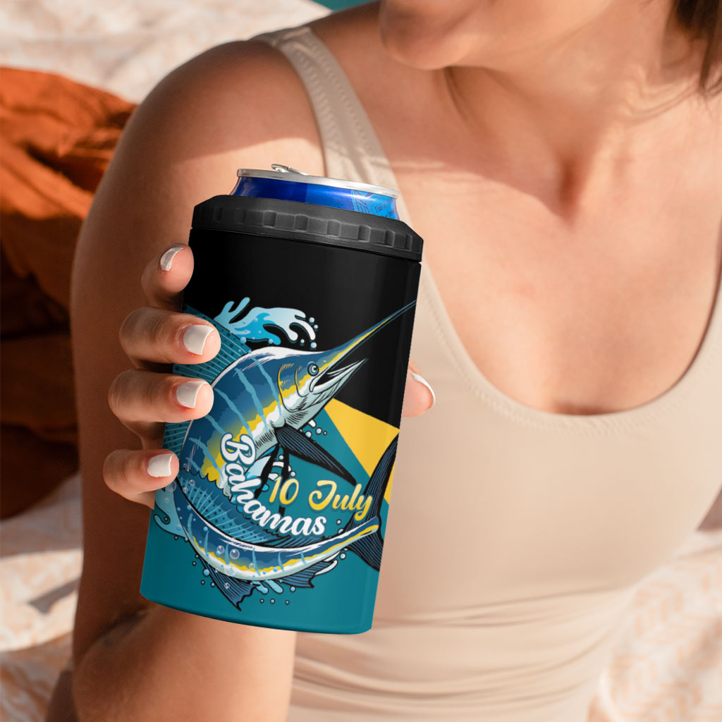 Personalized Bahamas Independence Day 4 in 1 Can Cooler Tumbler Happy 10 July Blue Marlin Coat Of Arms