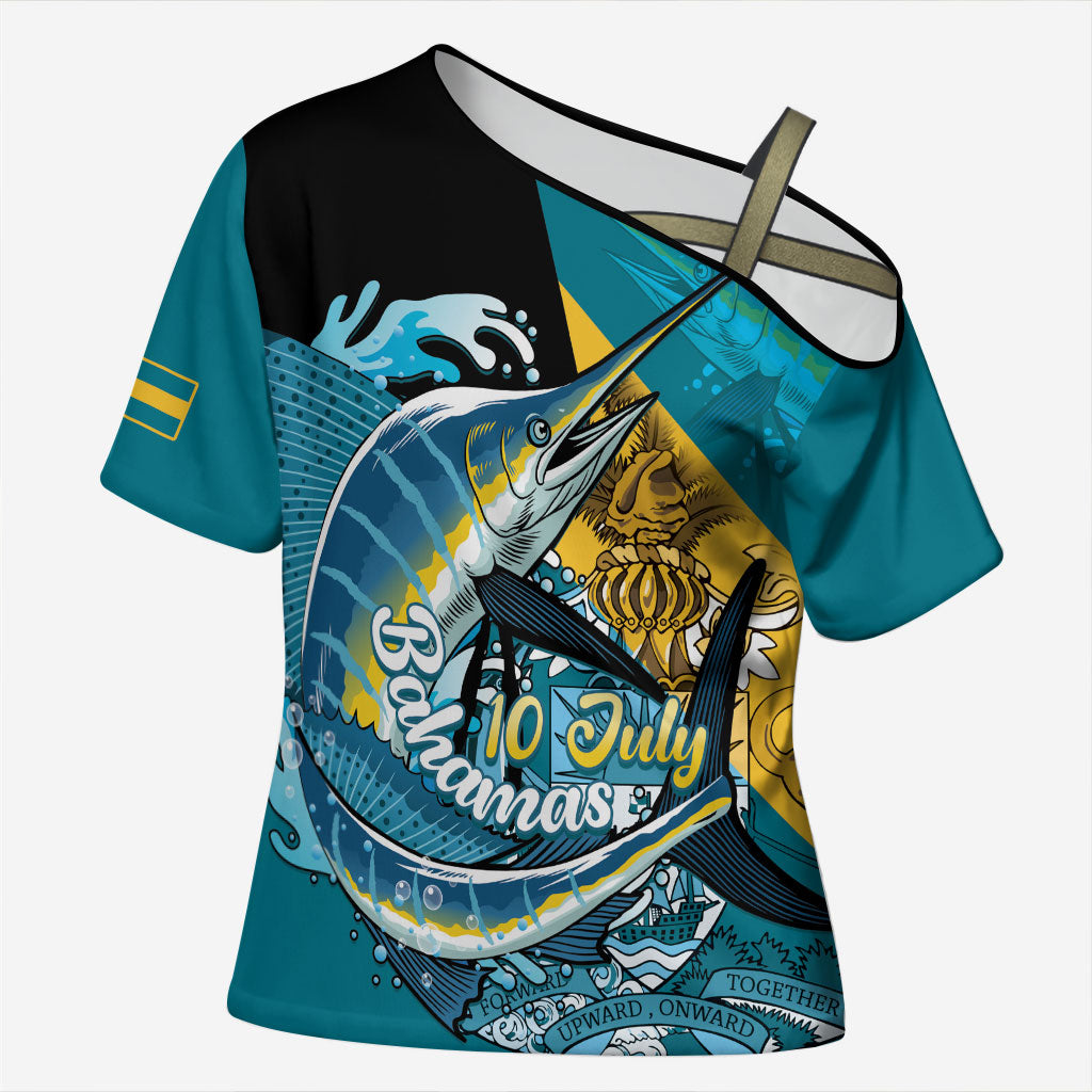 Personalized Bahamas Independence Day Cross Shoulder Shirt Happy 10 July Blue Marlin Coat Of Arms