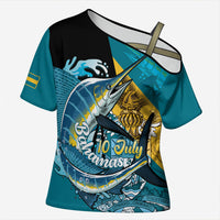 Personalized Bahamas Independence Day Cross Shoulder Shirt Happy 10 July Blue Marlin Coat Of Arms