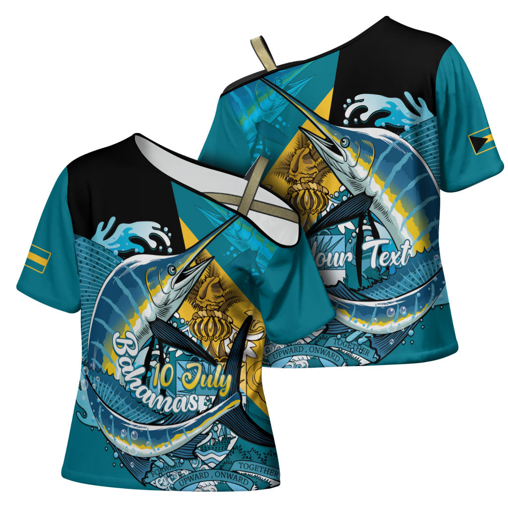 Personalized Bahamas Independence Day Cross Shoulder Shirt Happy 10 July Blue Marlin Coat Of Arms