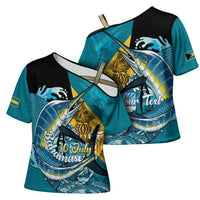 Personalized Bahamas Independence Day Cross Shoulder Shirt Happy 10 July Blue Marlin Coat Of Arms