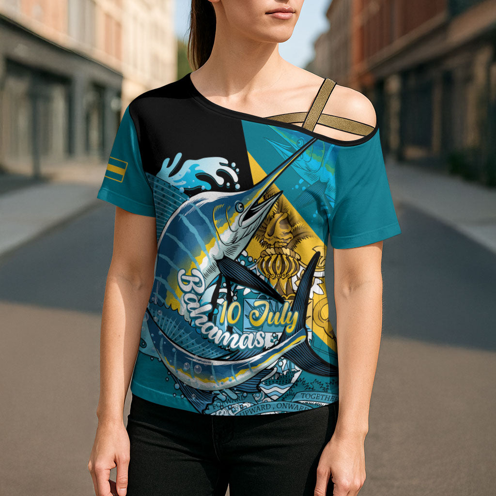 Personalized Bahamas Independence Day Cross Shoulder Shirt Happy 10 July Blue Marlin Coat Of Arms